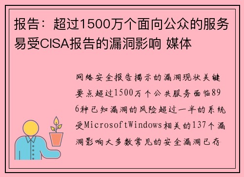 报告:超过1500万个面向公众的服务易受CISA报告的漏洞影响 媒体